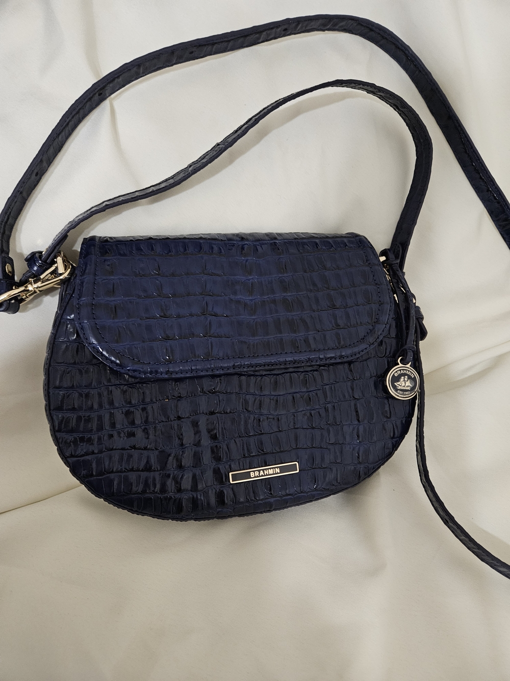 Brahmin Cynthia Ink Leontyne Convertible - Navy Croc-Embossed Crossbody Bag